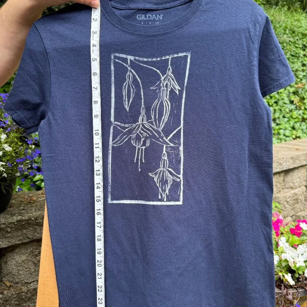 Hand Block Printed Botanical Fuschia T-Shirt – Gildan Blue Cotton Tee (Small) - Picture 5 of 6